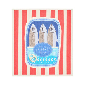 Swedish Style Dish Cloths S/2 - Sardines/Sicily Two kitchen towels with sardine can and tomato design