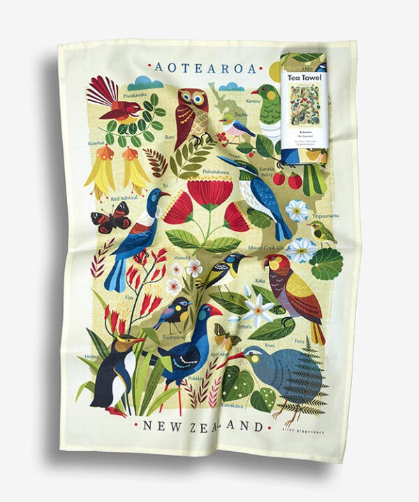 Quality 100% cotton tea towel, designed in Aotearoa.  Image by Ellen Giggenbach. 50cm x 70cm
