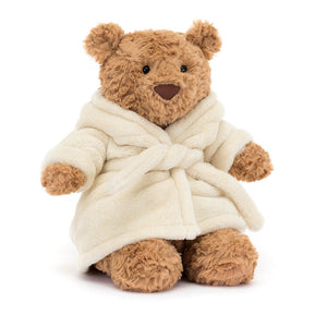 Jellycat Bartholomew Bear Bathrobe Teddy bear wearing a cream robe
