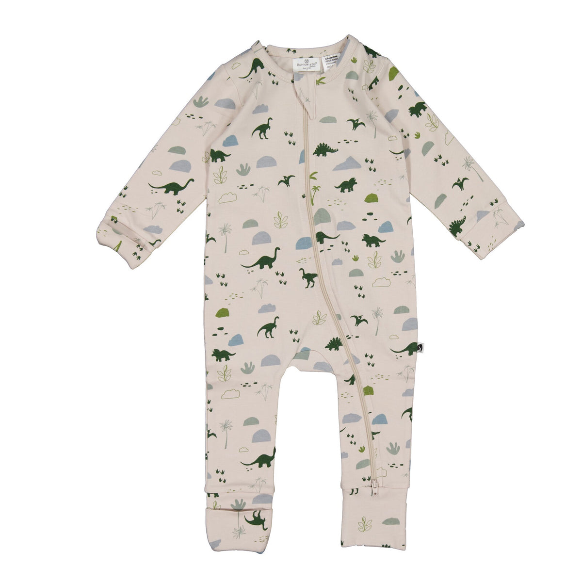 Burrow & Be Jurassic Roam Long Sleeve Zip Suit Baby onesie with dinosaur pattern