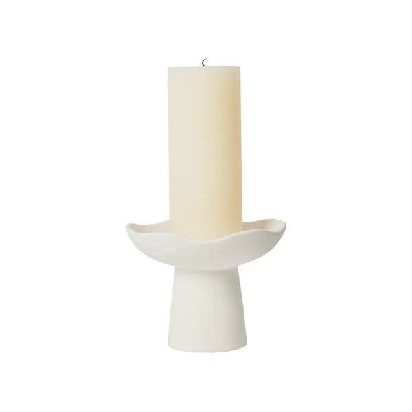 Broste A minimalist white ceramic pedestal stand with a wide, shallow, wavy rim