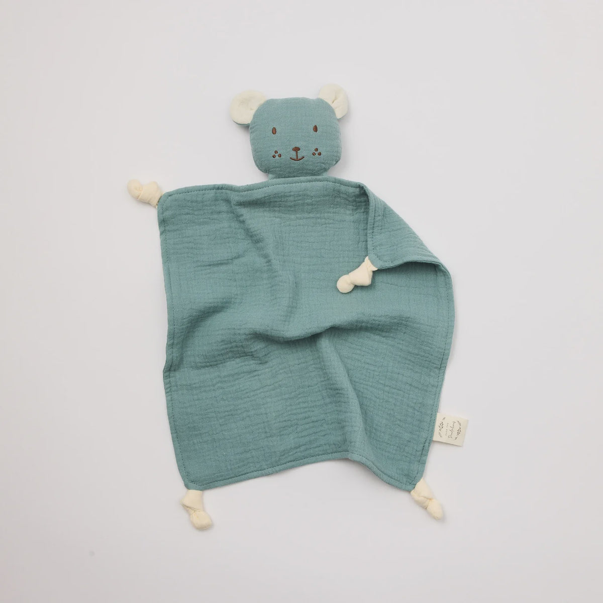 Over the dundelions Organic Muslin Bear Lovey Sage with Milk ears Teal baby comfort