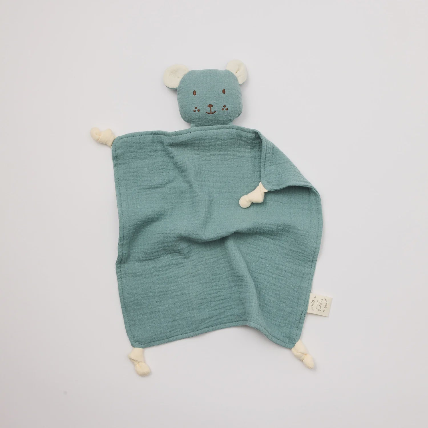 Over the dundelions Organic Muslin Bear Lovey Sage with Milk ears Teal baby comfort