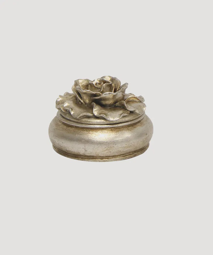 French Country Camelia Round Trinket Box Pewter Finish