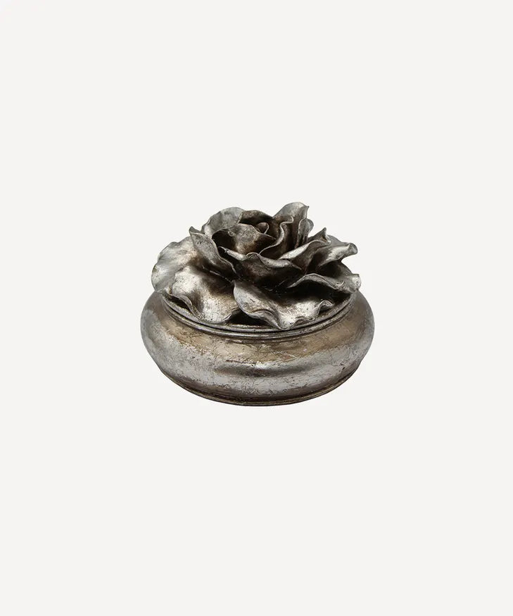 French Country Camelia Round Trinket Box Pewter Finish