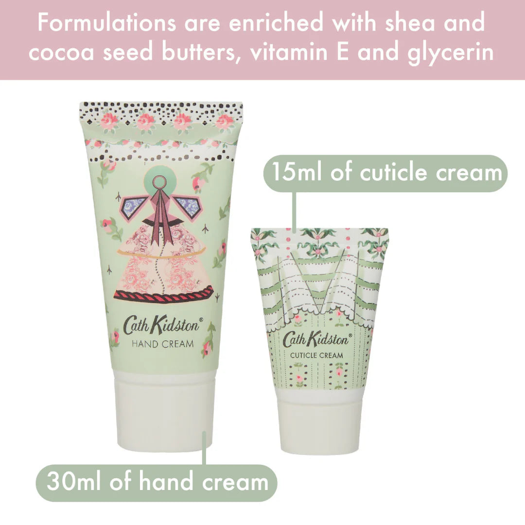 Cath Kidston product set including a hand cream, cuticle cream, and a box with floral and decorative design, Heathcote & Ivory Wild Flowers Manicure Set (HC 30ml, CC 15ml, EB & NC’s) 