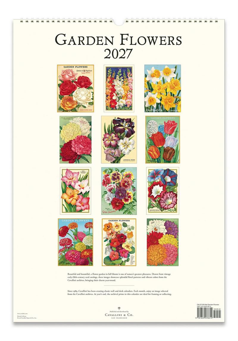 Cavallini & Co - Garden Flowers - 2027 Wall Calendar Vintage-style garden flowers calendar page featuring an illustration