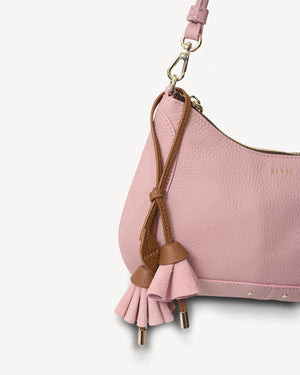 Saben Bag Charm Lacing - Desert Rose Pink tassel keychain with brown cord