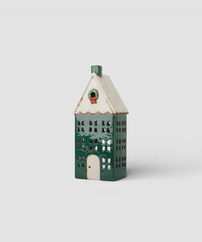 French Country Collections Christmas Tea Light House Green with Wreath Large
