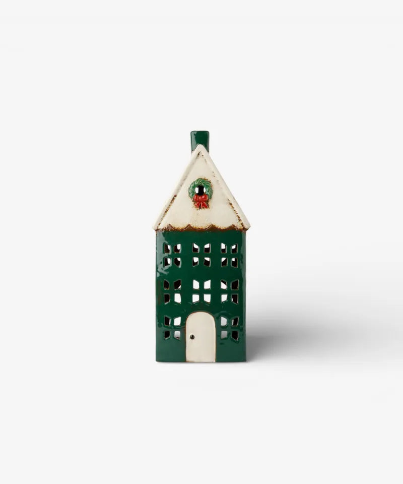 French Country Collections Christmas Tea Light House Green with Wreath Large