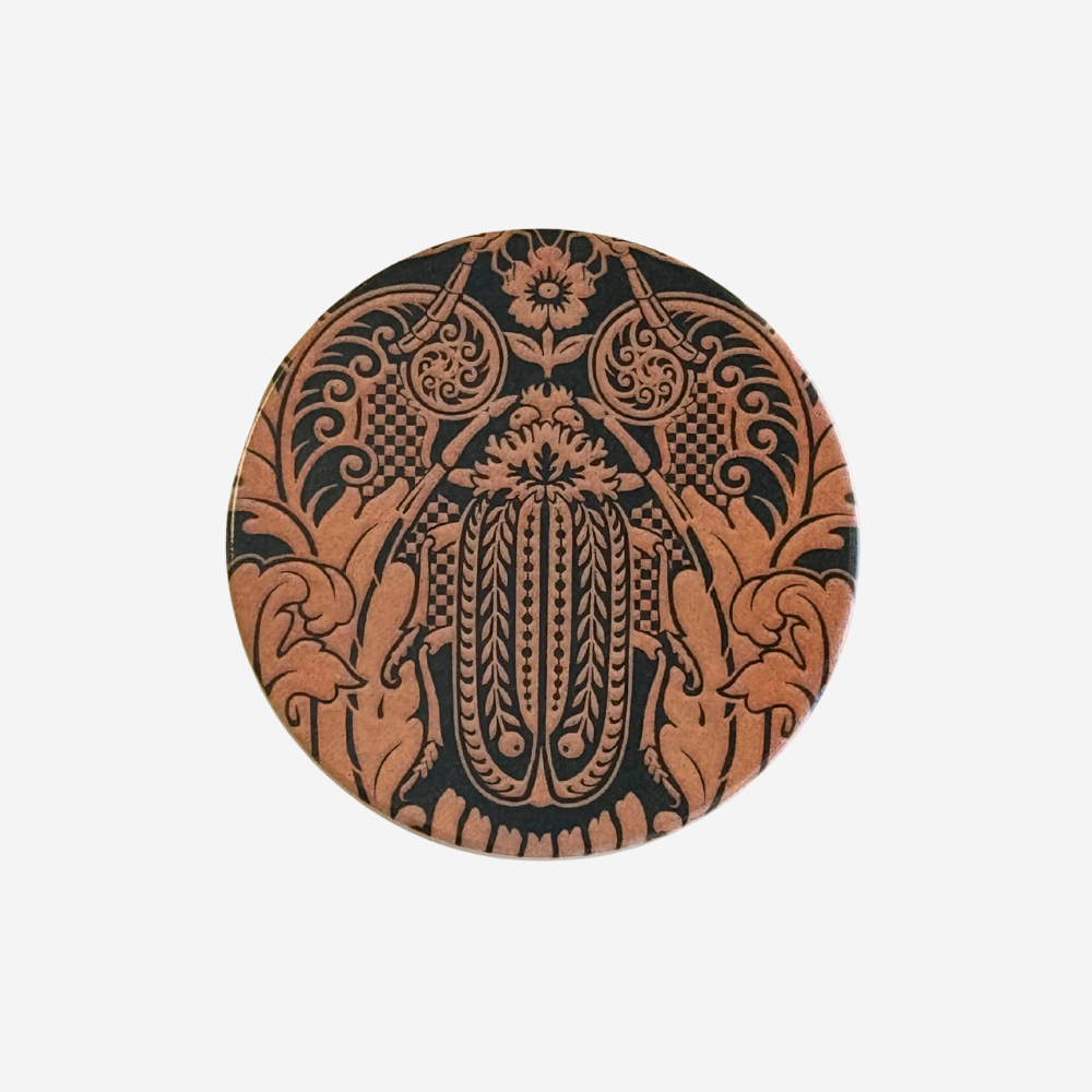 TANYA WOLFKAMP Coaster - Damask - Huhu Pink Round coaster with intricate black and brown design