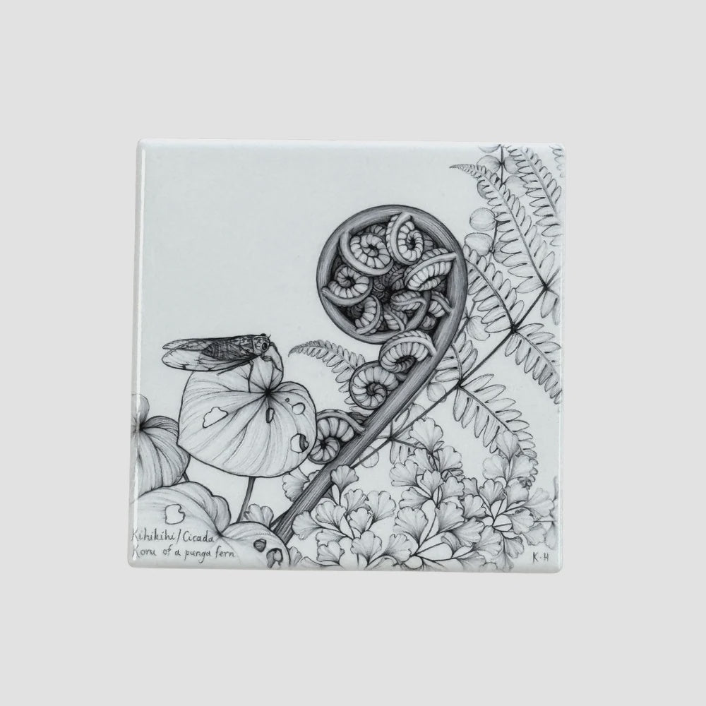 KATY HAYWARD COASTER - KIHIKIHI / CICADA & KORU OF A PUNGA FERN