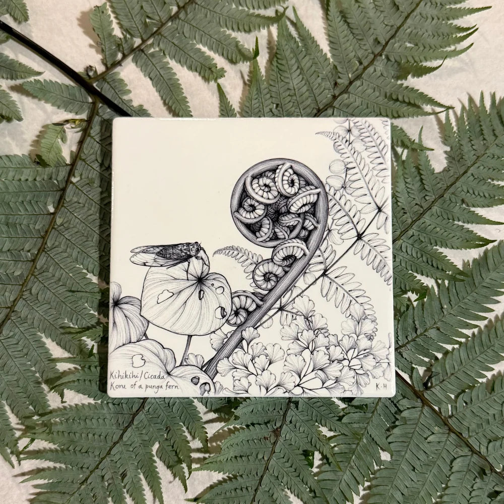 KATY HAYWARD COASTER - KIHIKIHI / CICADA & KORU OF A PUNGA FERN