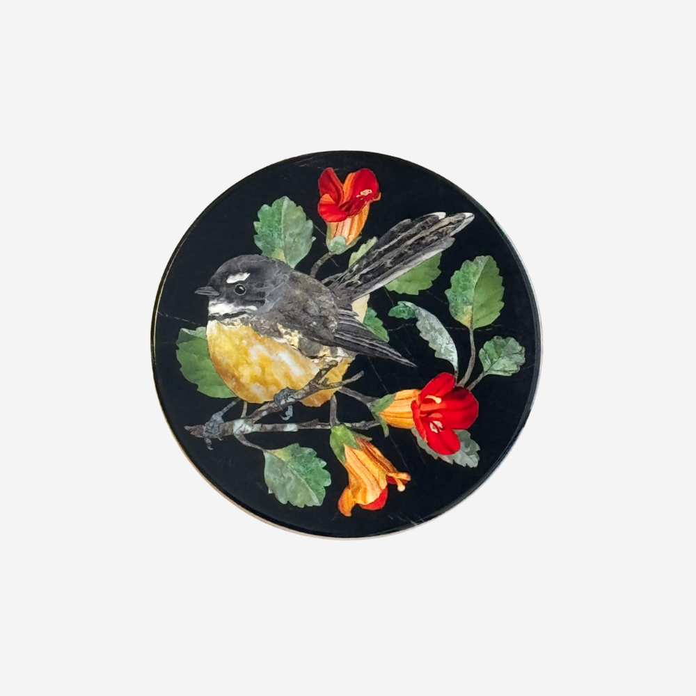 TANYA WOLFKAMP Coaster - Pietra Dura - Fantail Round coaster with a bird and floral design