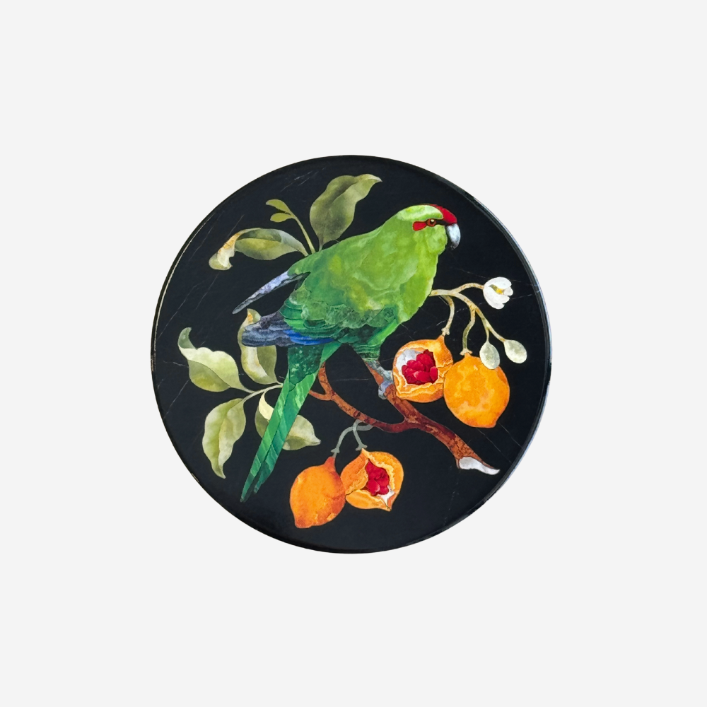 TANYA WOLFKAMP Coaster - Pietra Dura - Kakariki Round coaster with a green parrot and orange fruits design