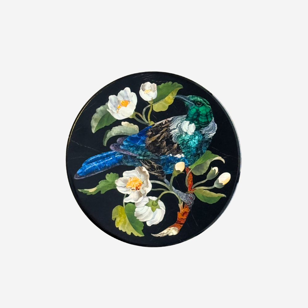 TANYA WOLFKAMP Coaster - Pietra Dura - Tui Decorative round object with a bird and floral design