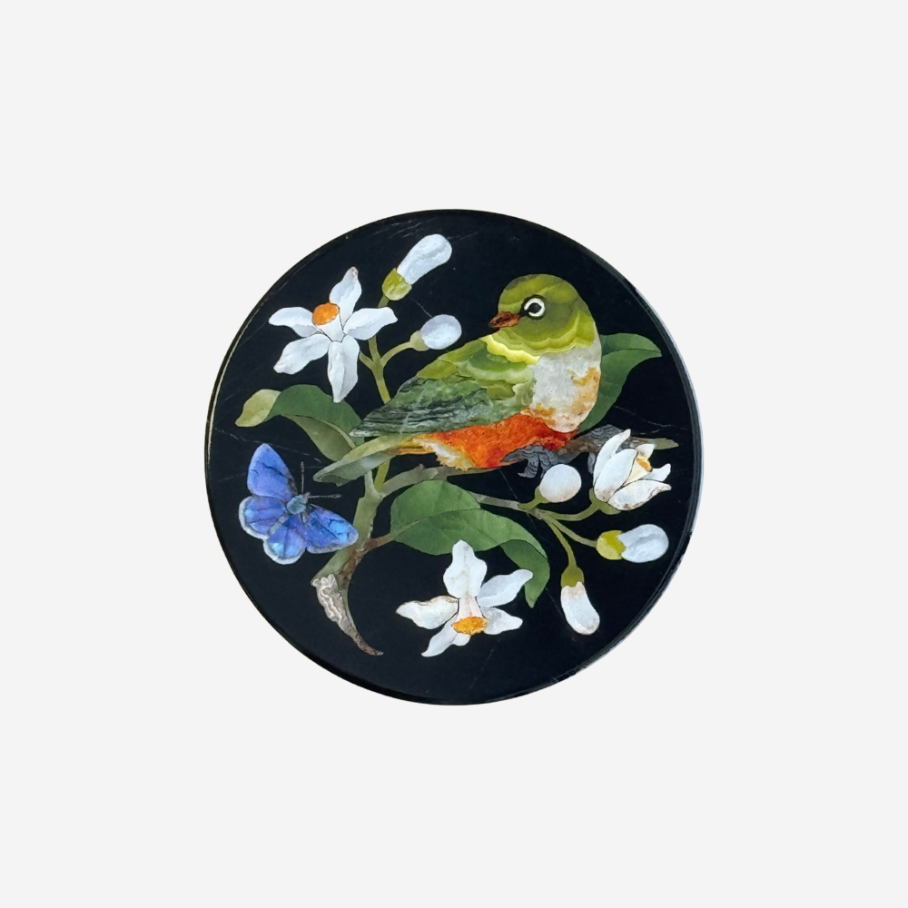 TANYA WOLFKAMP COASTER - PIETRA DURA - WAXEYE Decorative plate with a bird and floral design