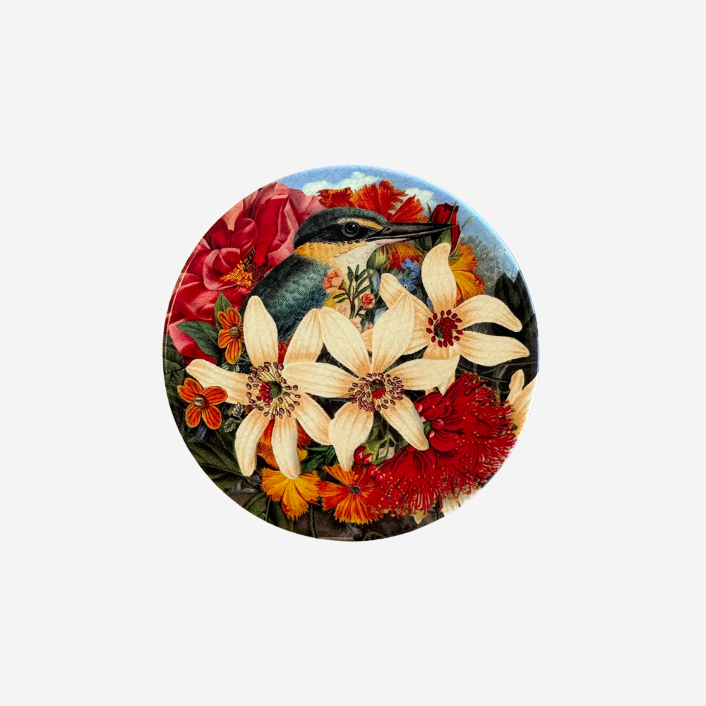 TANYA WOLFKAMP Coaster - Vintage - Kingfisher Round coaster with a bird and floral design