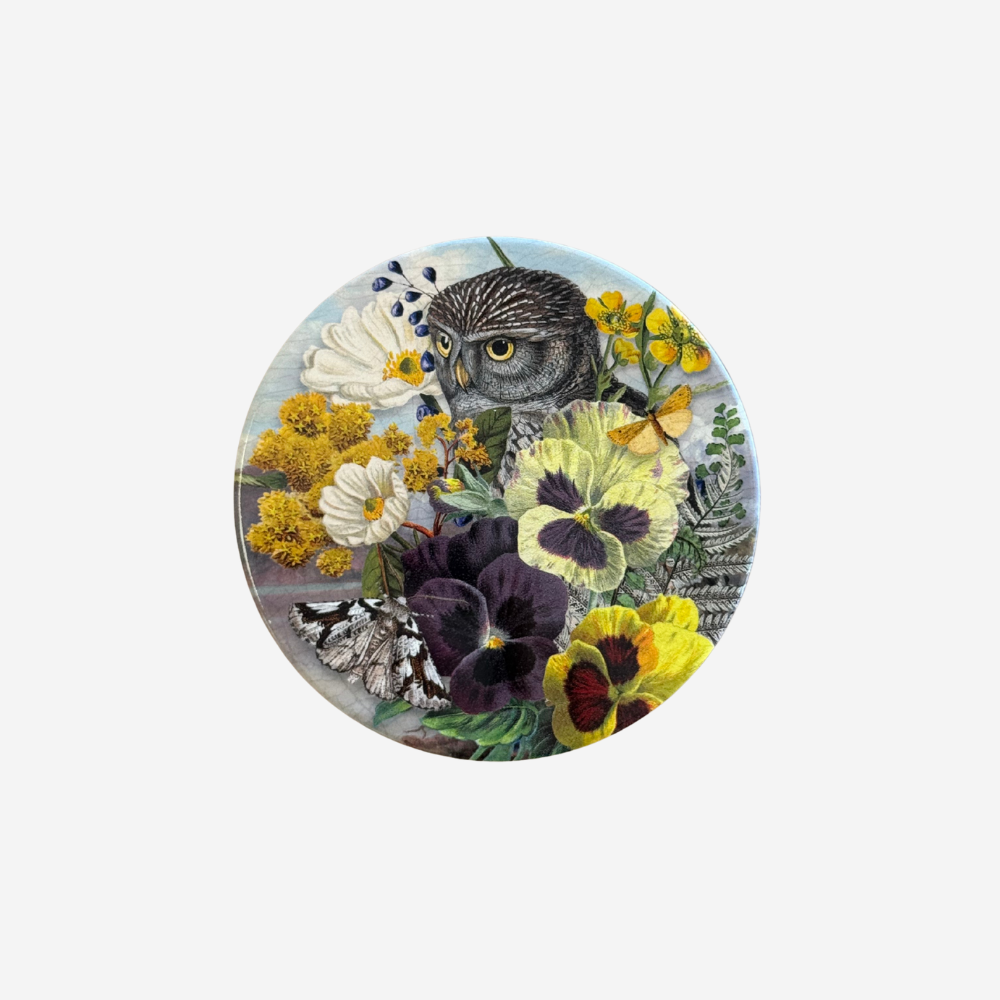 TANYA WOLFKAMP Coaster - Vintage - Owl Round coaster with an owl and floral design