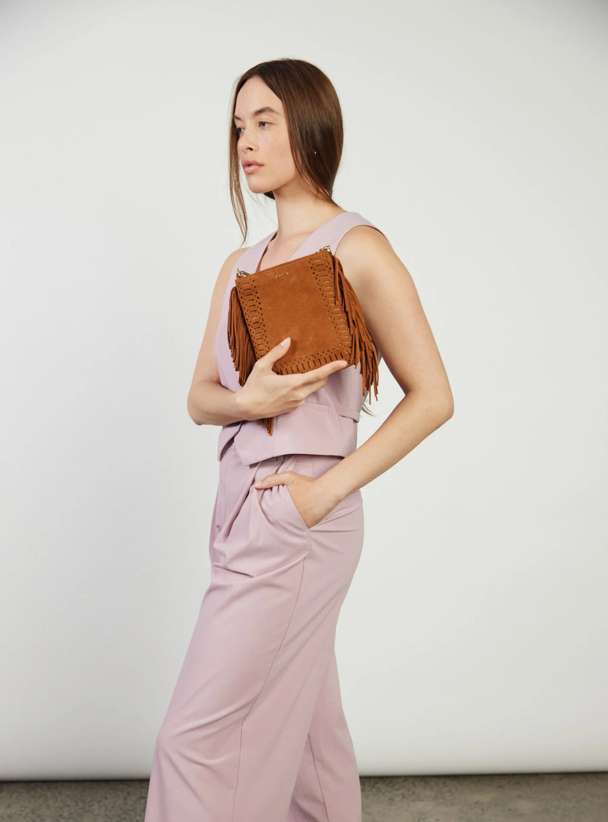 SABEN Coco Mini Bag - Tan Suede Fringe Brown suede handbag