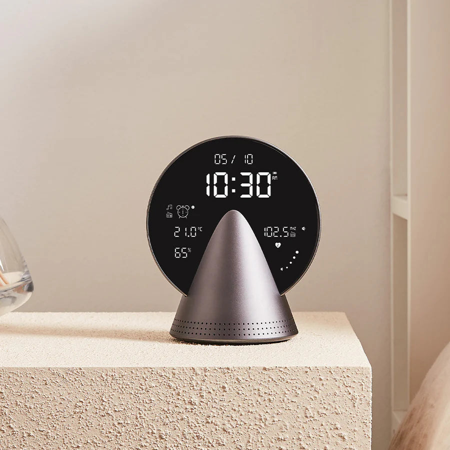 LEXON Conic Radio-Alarm-Bluetooth Speaker - Platinum Grey Black digital clock