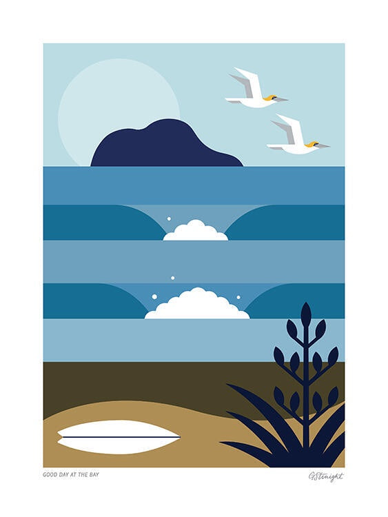 Contemporary Frame with Glass Euro - A stylized coastal landscape art print featuring layered blue water, a dark blue island silhouette, two white birds flying, white clouds, a tan sandy shore, and dark blue plants, with small text at the bottom reading 'GOOD DAY AT THE BAY'.