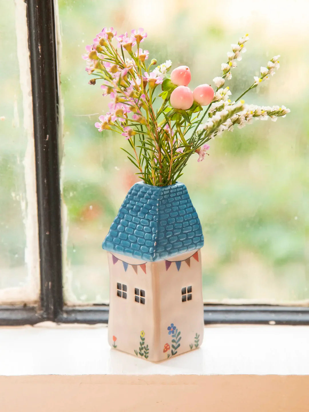 Natural Life Cottage Bud Vase - Teal Cottage Decorative vase shaped like a house with flowers