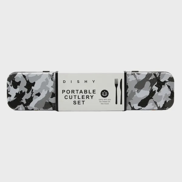 Dishy Cutlery Set 8pc - Camo A portable cutlery set in a slim rectangular case with a gray, black, and white camouflage pattern.