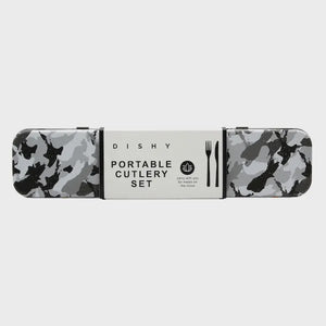 Dishy Cutlery Set 8pc - Camo A portable cutlery set in a slim rectangular case with a gray, black, and white camouflage pattern.