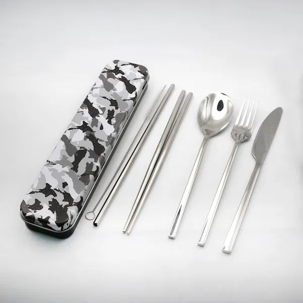 Dishy Cutlery Set 8pc - Camo A portable cutlery set in a slim rectangular case with a gray, black, and white camouflage pattern.