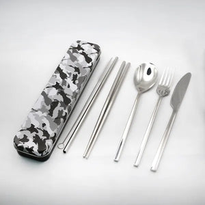 Dishy Cutlery Set 8pc - Camo A portable cutlery set in a slim rectangular case with a gray, black, and white camouflage pattern.