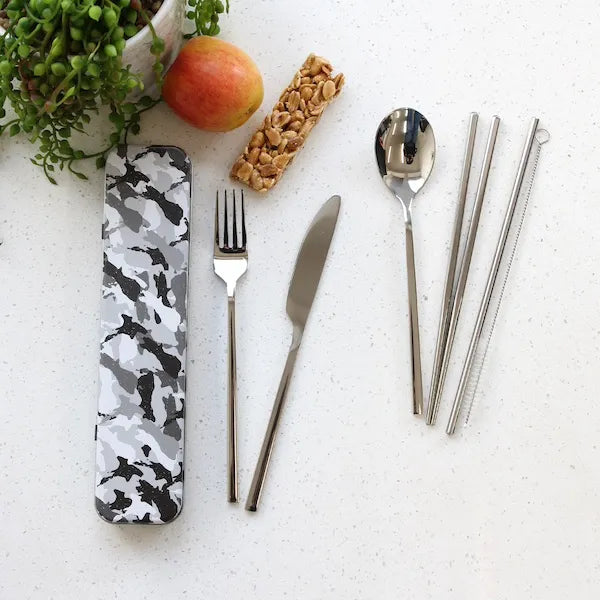 Dishy Cutlery Set 8pc - Camo A portable cutlery set in a slim rectangular case with a gray, black, and white camouflage pattern.