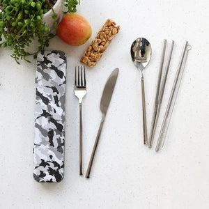 Dishy Cutlery Set 8pc - Camo A portable cutlery set in a slim rectangular case with a gray, black, and white camouflage pattern.