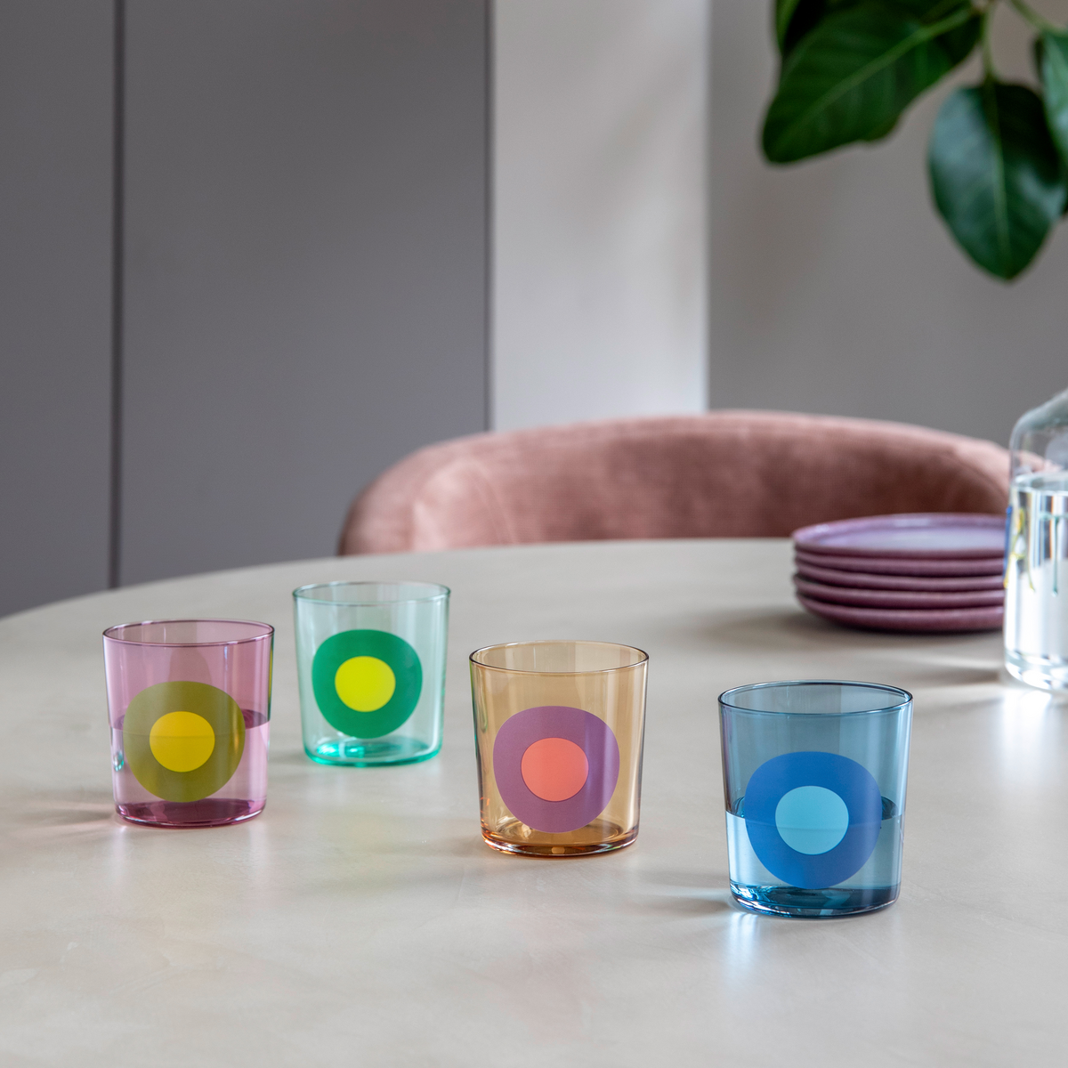 Colorful glass tumblers with circular patterns REMEMBER Drinking glasses Dots No. 2 - Set of 4