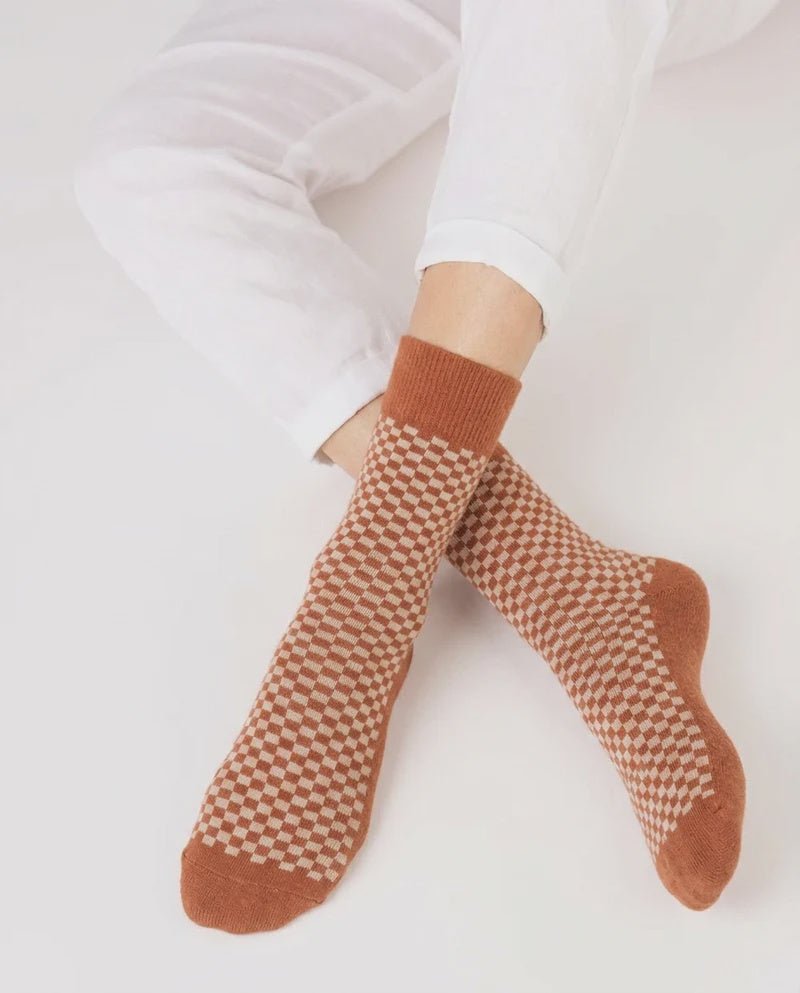 nooan Dunedin Possum Merino Wool Socks - Burnt Orange Chess