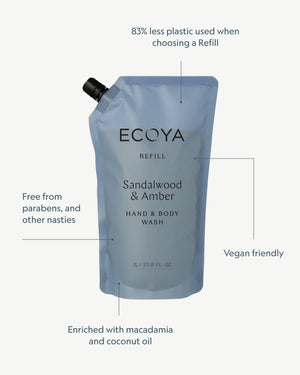 ECOYA Hand & Body Wash Refill 1L - Sandalwood & Amber