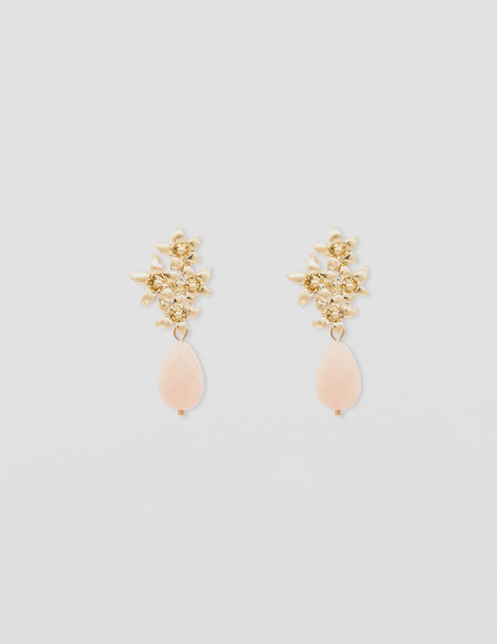 Earring Gold Flowers with Peach Quartz Drop