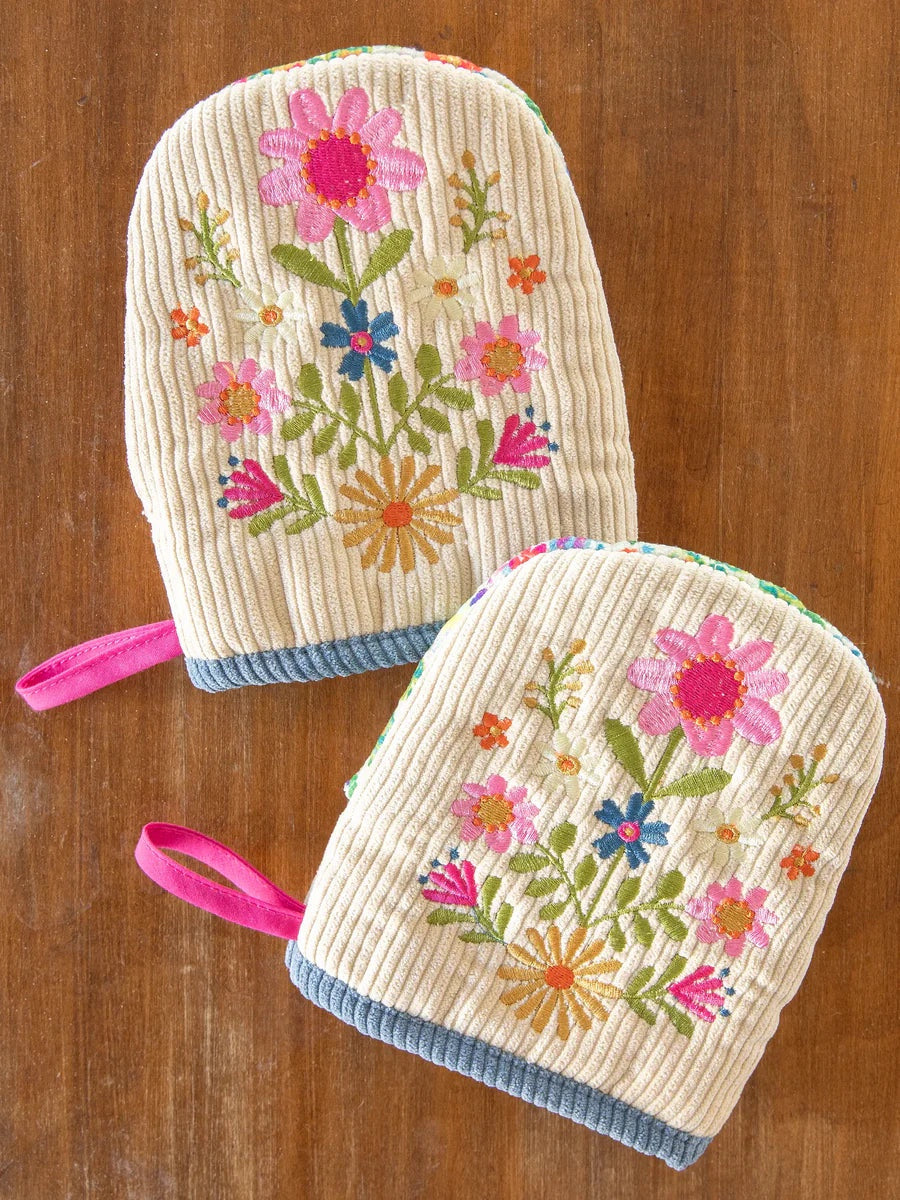 Natural Life Embroidered Mini Oven Mitt Set of 2 Pair of embroidered floral oven mitts