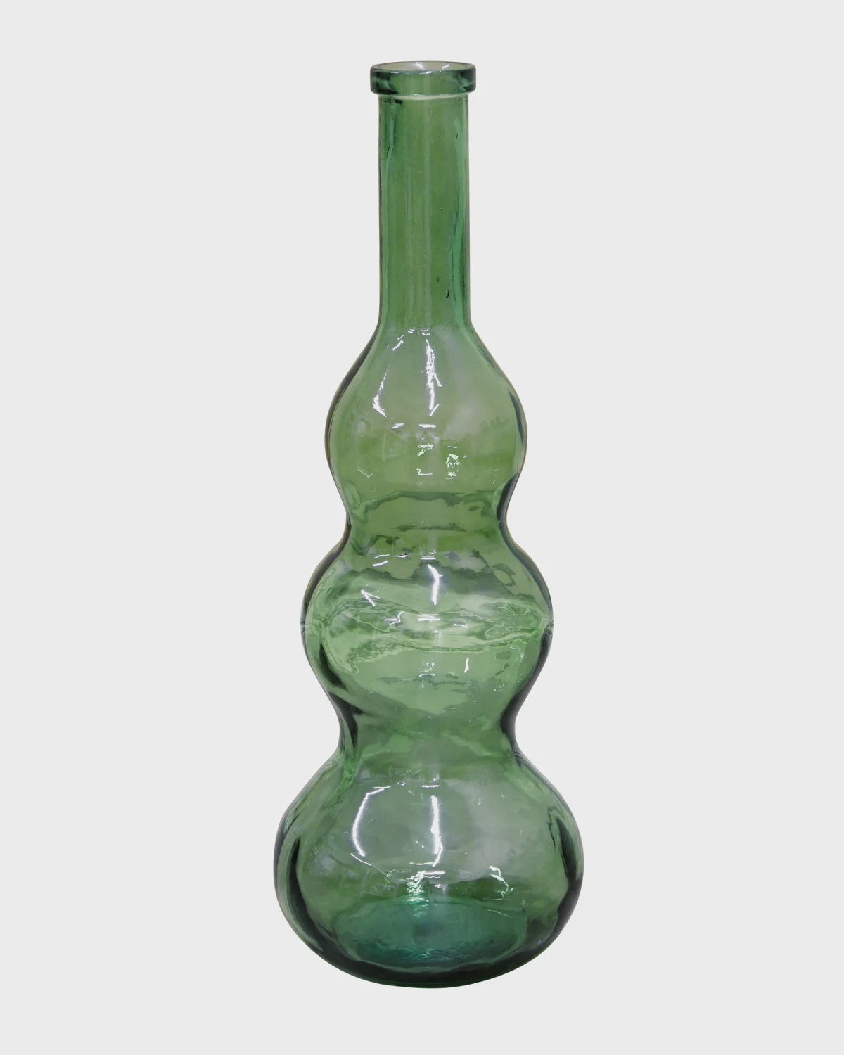 Broste Eteria Bottle 75cm - Spring Green A green glass vase with a distinctive three-bulb, gourd-like silhouette and a narrow neck