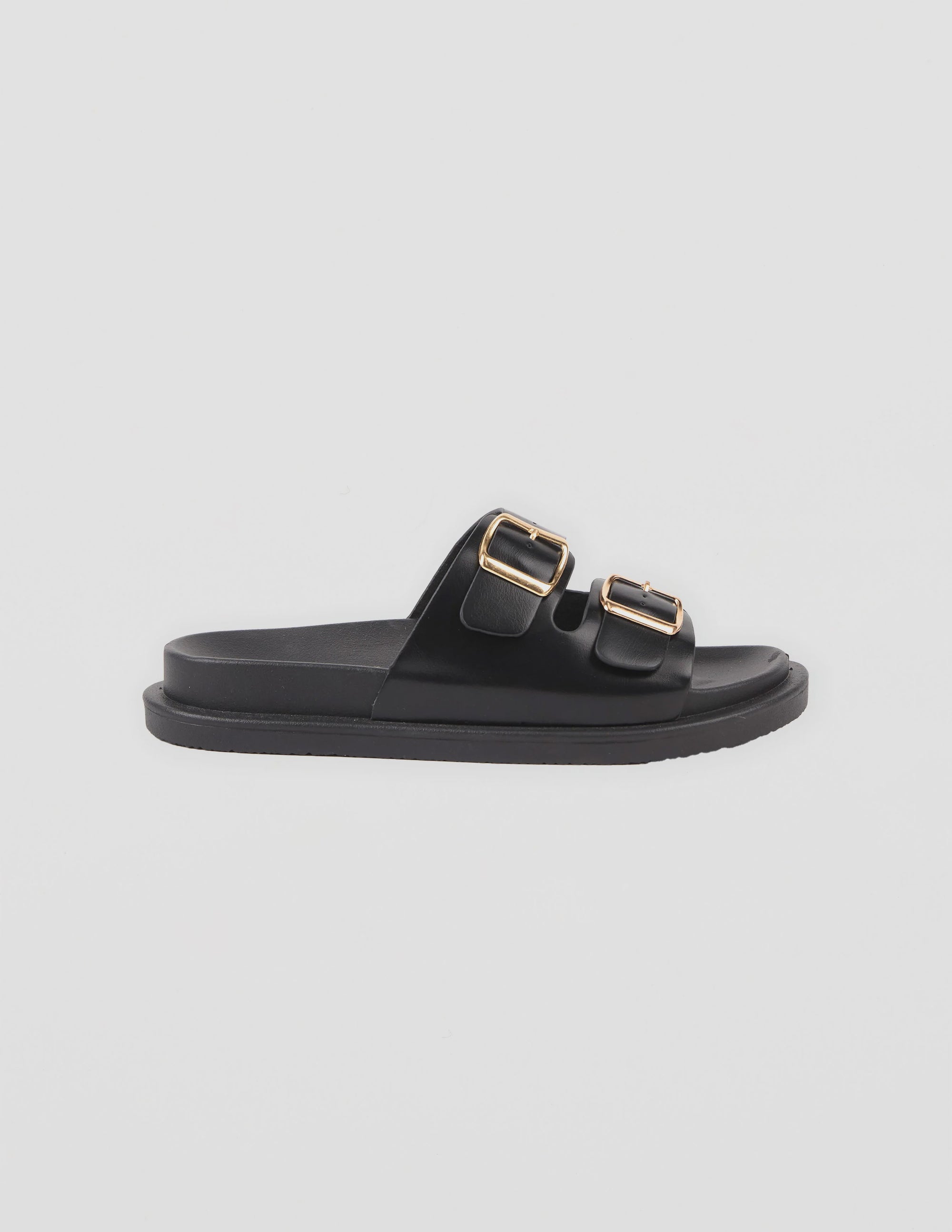 Stella+gemma Etienne Black slide sandal with gold buckles