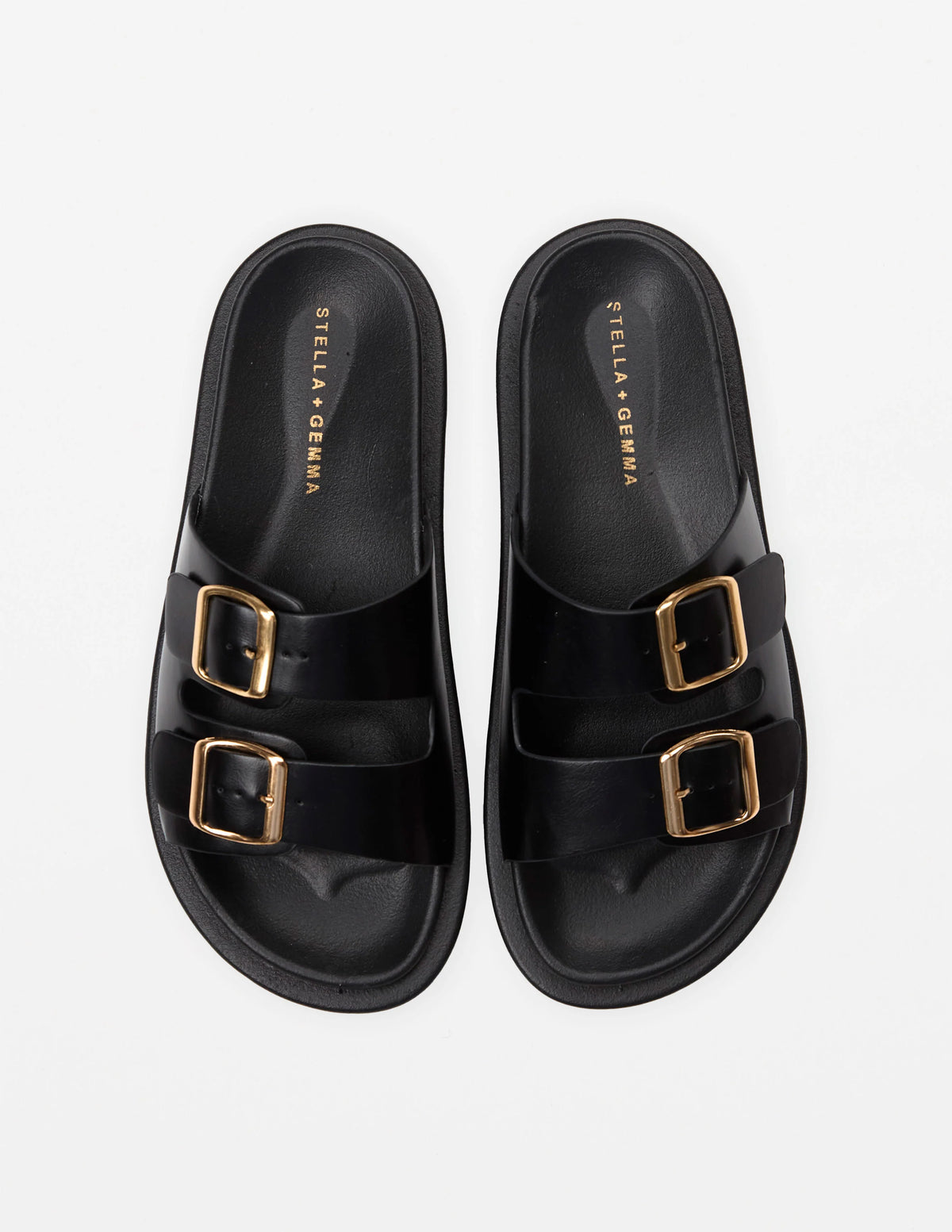 Stella+gemma Etienne Black slide sandal with gold buckles