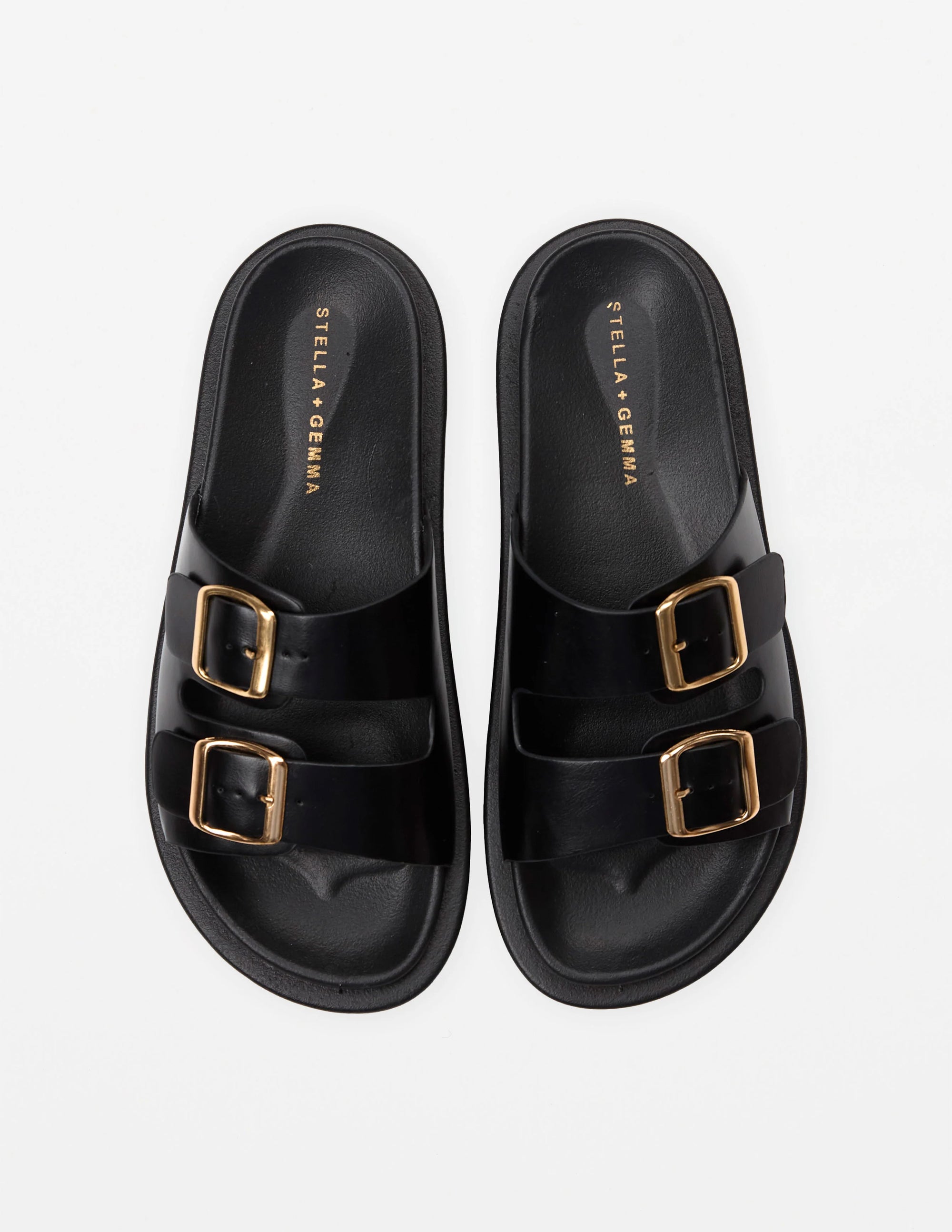 Stella+gemma Etienne Black slide sandal with gold buckles