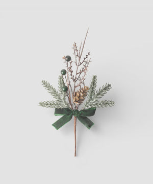 French Country Collections Evergreen Pick set of 4 Decorative branch with greenery, pinecones, and a green ribbon