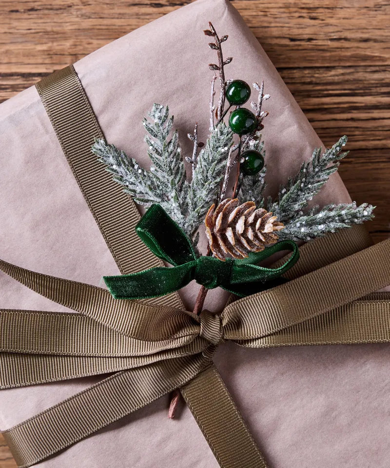 French Country Collections Evergreen Pick set of 4 Decorative branch with greenery, pinecones, and a green ribbon