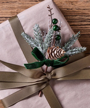 French Country Collections Evergreen Pick set of 4 Decorative branch with greenery, pinecones, and a green ribbon