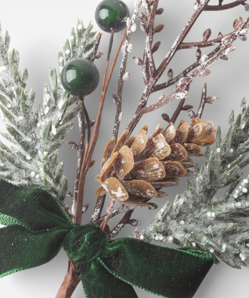 French Country Collections Evergreen Pick set of 4 Decorative branch with greenery, pinecones, and a green ribbon