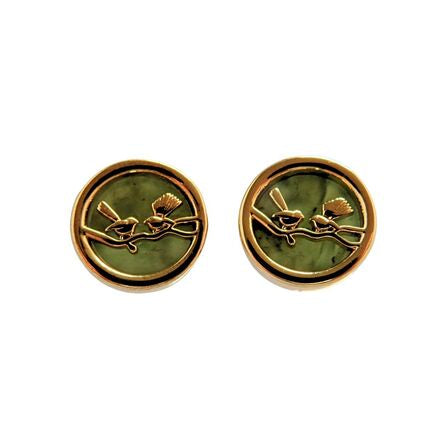 NZ Greenstone Fantail Round Stud Earrings with Pounamu and Gold Wildside Gifts