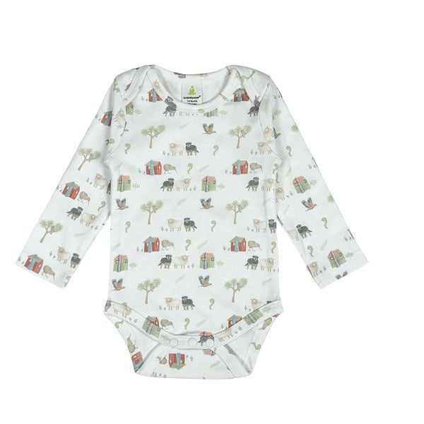 Blue Bunny New Zealand Baby Clothes Farm Muster Long Sleeve Bodysuit Baby bodysuit with animal and house pattern