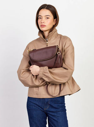 SABEN Fifi Crossbody - Espresso Brown leather handbag with gold zipper