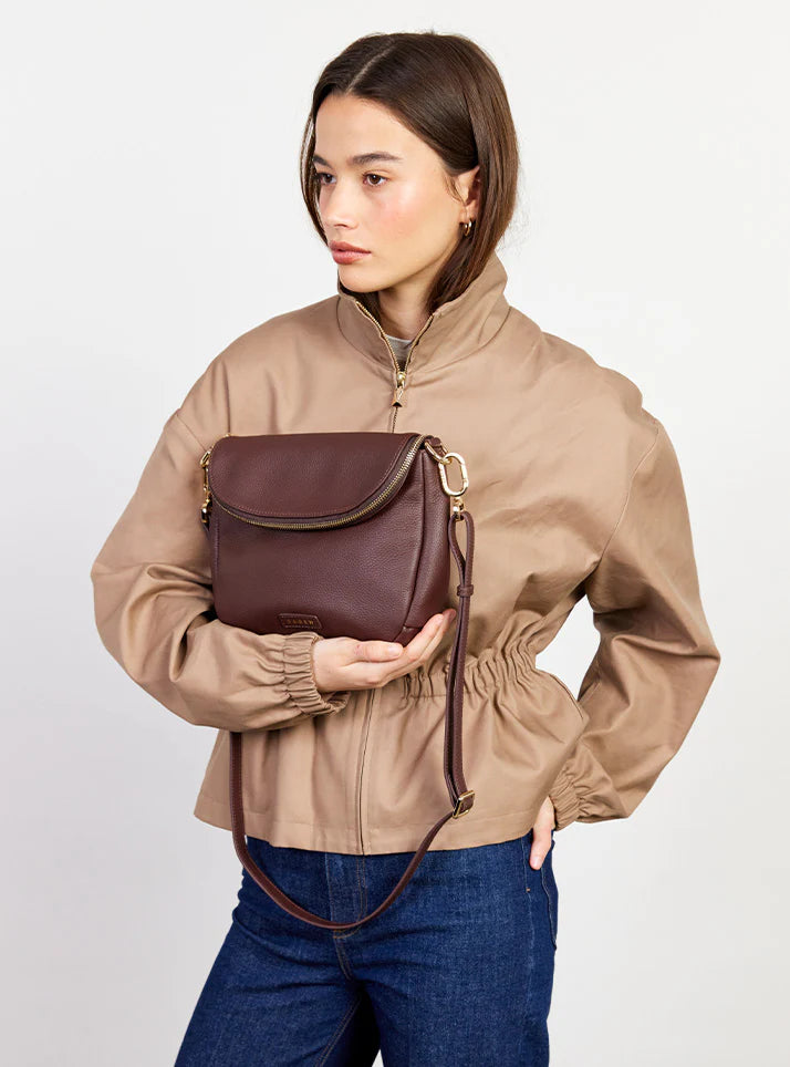 SABEN Fifi Crossbody - Espresso Brown leather handbag with gold zipper